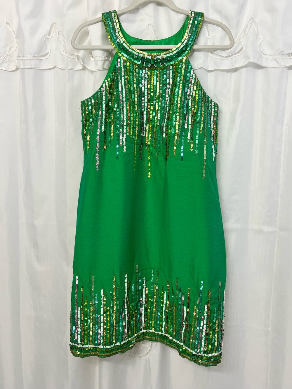 Sue Wong Nocturne Green Silk Linen Sequin Beaded Mini Dress Size 10